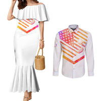 USA Golf Design Couples Matching Mermaid Dress and Long Sleeve Button Shirt Watercolor Female Silhouette and Orange Gradient Flag and Ball Pattern - Wonder Print Shop