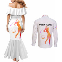 USA Golf Design Couples Matching Mermaid Dress and Long Sleeve Button Shirt Watercolor Female Silhouette and Orange Gradient Flag and Ball Pattern - Wonder Print Shop