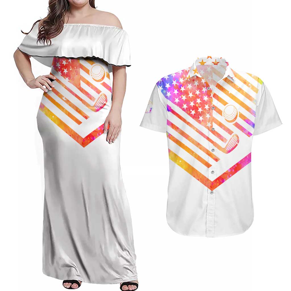 USA Golf Design Couples Matching Off Shoulder Maxi Dress and Hawaiian Shirt Watercolor Female Silhouette and Orange Gradient Flag and Ball Pattern - Wonder Print Shop