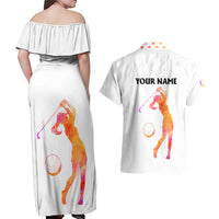 USA Golf Design Couples Matching Off Shoulder Maxi Dress and Hawaiian Shirt Watercolor Female Silhouette and Orange Gradient Flag and Ball Pattern - Wonder Print Shop