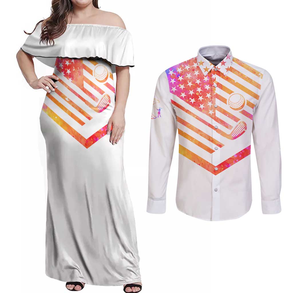 USA Golf Design Couples Matching Off Shoulder Maxi Dress and Long Sleeve Button Shirt Watercolor Female Silhouette and Orange Gradient Flag and Ball Pattern - Wonder Print Shop