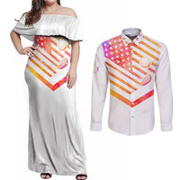 USA Golf Design Couples Matching Off Shoulder Maxi Dress and Long Sleeve Button Shirt Watercolor Female Silhouette and Orange Gradient Flag and Ball Pattern - Wonder Print Shop