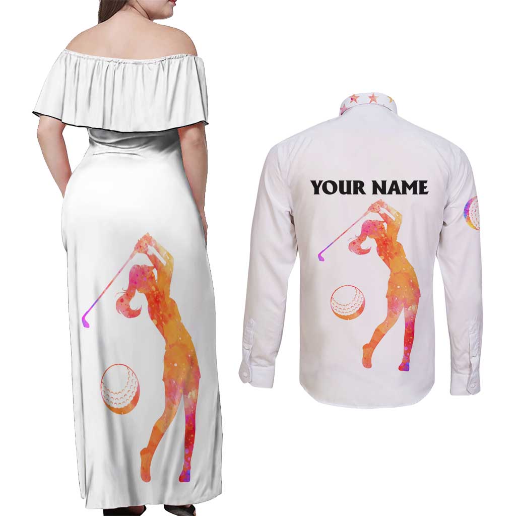 USA Golf Design Couples Matching Off Shoulder Maxi Dress and Long Sleeve Button Shirt Watercolor Female Silhouette and Orange Gradient Flag and Ball Pattern - Wonder Print Shop