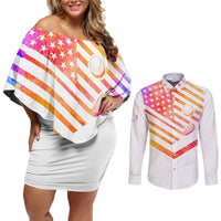 USA Golf Design Couples Matching Off Shoulder Short Dress and Long Sleeve Button Shirt Watercolor Female Silhouette and Orange Gradient Flag and Ball Pattern - Wonder Print Shop