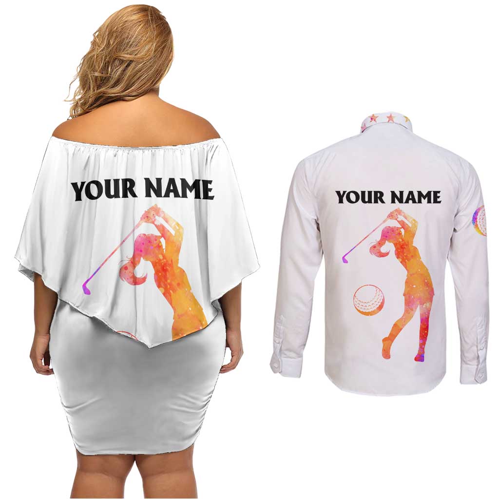 USA Golf Design Couples Matching Off Shoulder Short Dress and Long Sleeve Button Shirt Watercolor Female Silhouette and Orange Gradient Flag and Ball Pattern - Wonder Print Shop