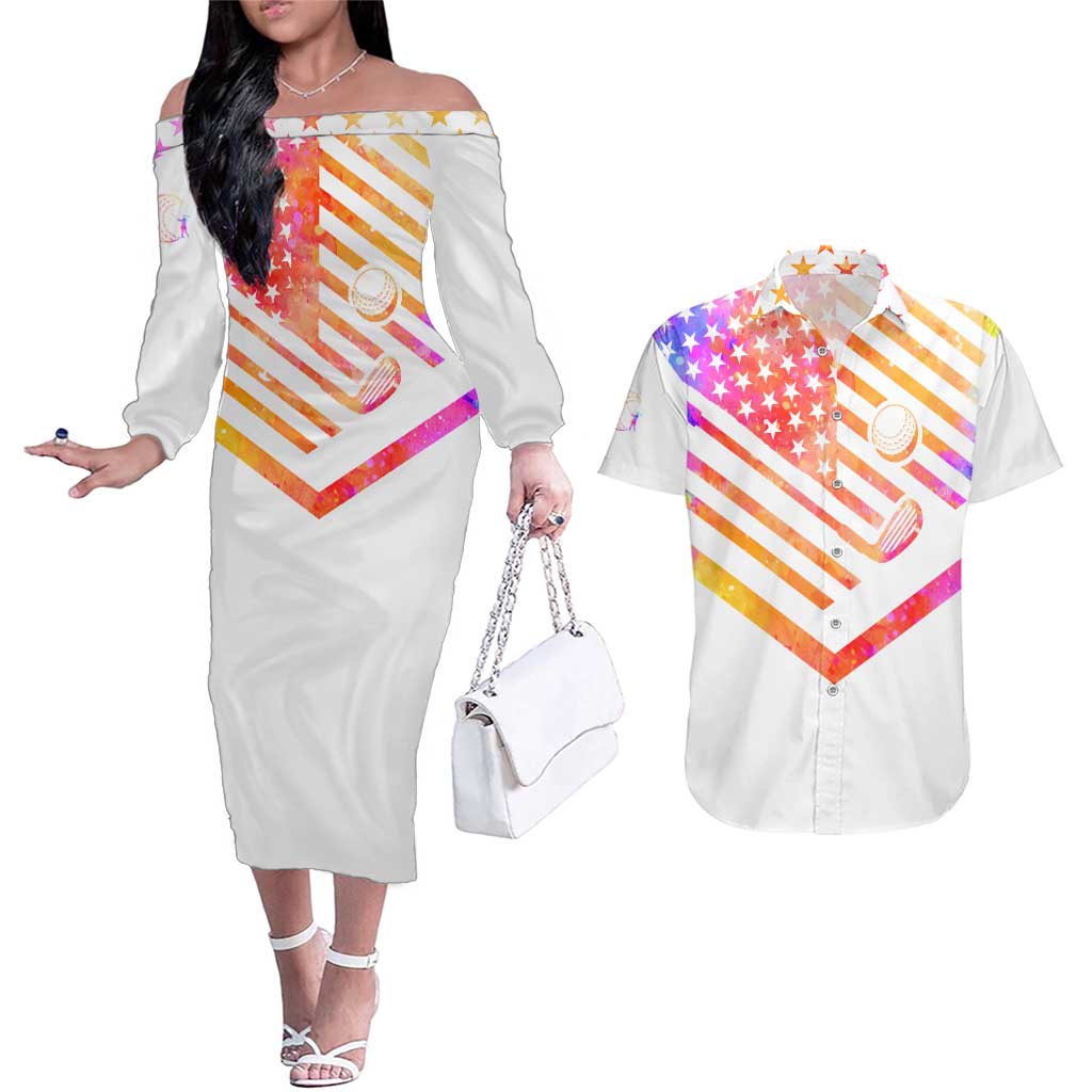 USA Golf Design Couples Matching Off The Shoulder Long Sleeve Dress and Hawaiian Shirt Watercolor Female Silhouette and Orange Gradient Flag and Ball Pattern - Wonder Print Shop