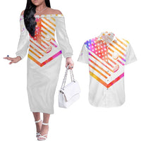 USA Golf Design Couples Matching Off The Shoulder Long Sleeve Dress and Hawaiian Shirt Watercolor Female Silhouette and Orange Gradient Flag and Ball Pattern - Wonder Print Shop