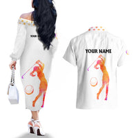 USA Golf Design Couples Matching Off The Shoulder Long Sleeve Dress and Hawaiian Shirt Watercolor Female Silhouette and Orange Gradient Flag and Ball Pattern - Wonder Print Shop