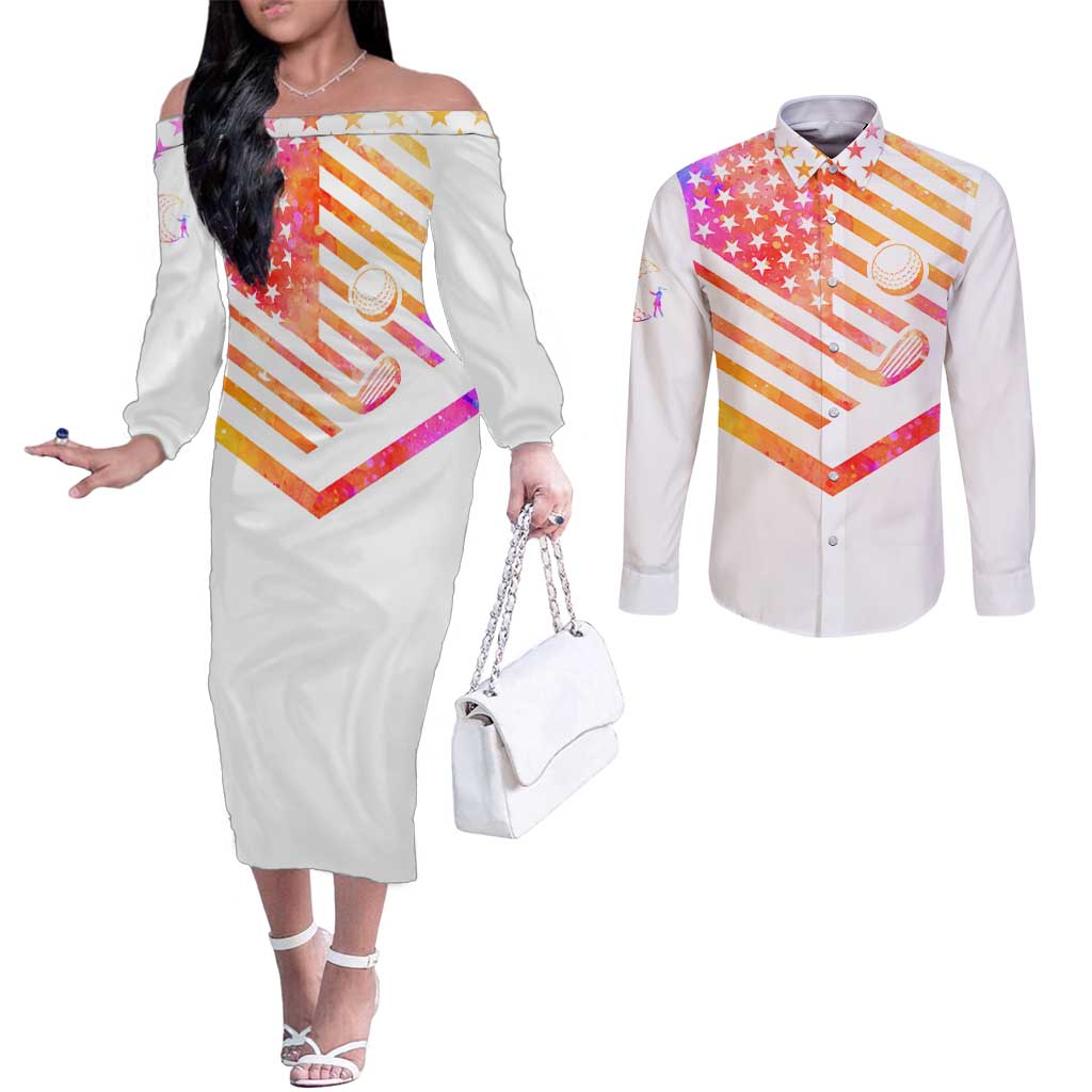 USA Golf Design Couples Matching Off The Shoulder Long Sleeve Dress and Long Sleeve Button Shirt Watercolor Female Silhouette and Orange Gradient Flag and Ball Pattern - Wonder Print Shop