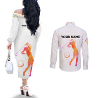 USA Golf Design Couples Matching Off The Shoulder Long Sleeve Dress and Long Sleeve Button Shirt Watercolor Female Silhouette and Orange Gradient Flag and Ball Pattern - Wonder Print Shop