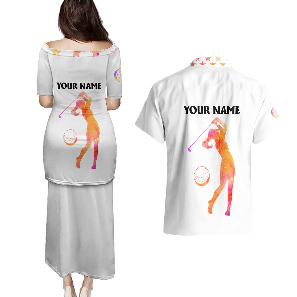 USA Golf Design Couples Matching Puletasi and Hawaiian Shirt Watercolor Female Silhouette and Orange Gradient Flag and Ball Pattern - Wonder Print Shop