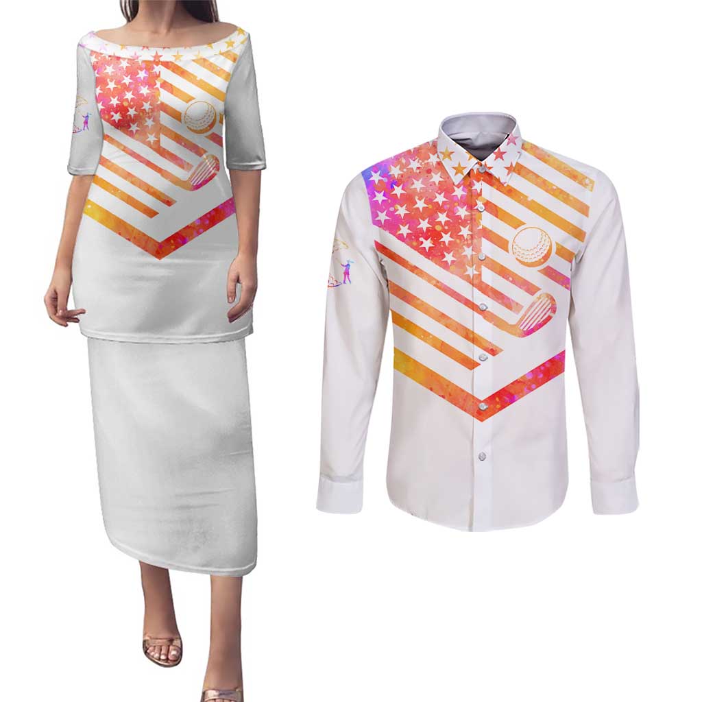 USA Golf Design Couples Matching Puletasi and Long Sleeve Button Shirt Watercolor Female Silhouette and Orange Gradient Flag and Ball Pattern - Wonder Print Shop