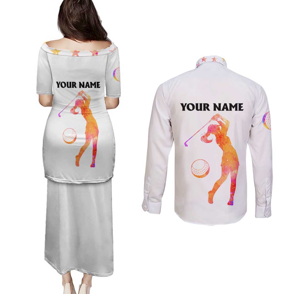 USA Golf Design Couples Matching Puletasi and Long Sleeve Button Shirt Watercolor Female Silhouette and Orange Gradient Flag and Ball Pattern - Wonder Print Shop