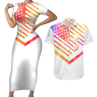 USA Golf Design Couples Matching Short Sleeve Bodycon Dress and Hawaiian Shirt Watercolor Female Silhouette and Orange Gradient Flag and Ball Pattern - Wonder Print Shop