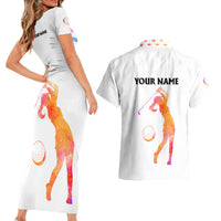 USA Golf Design Couples Matching Short Sleeve Bodycon Dress and Hawaiian Shirt Watercolor Female Silhouette and Orange Gradient Flag and Ball Pattern - Wonder Print Shop