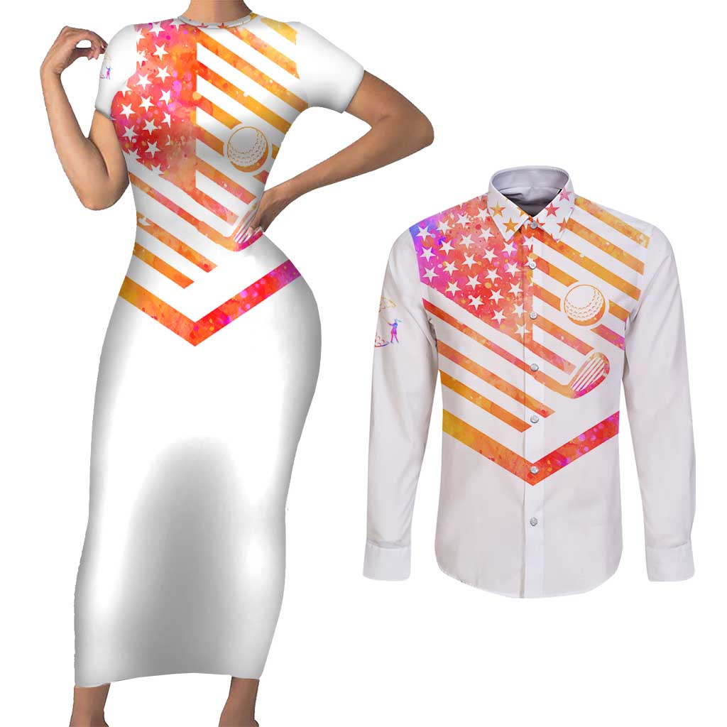 USA Golf Design Couples Matching Short Sleeve Bodycon Dress and Long Sleeve Button Shirt Watercolor Female Silhouette and Orange Gradient Flag and Ball Pattern - Wonder Print Shop