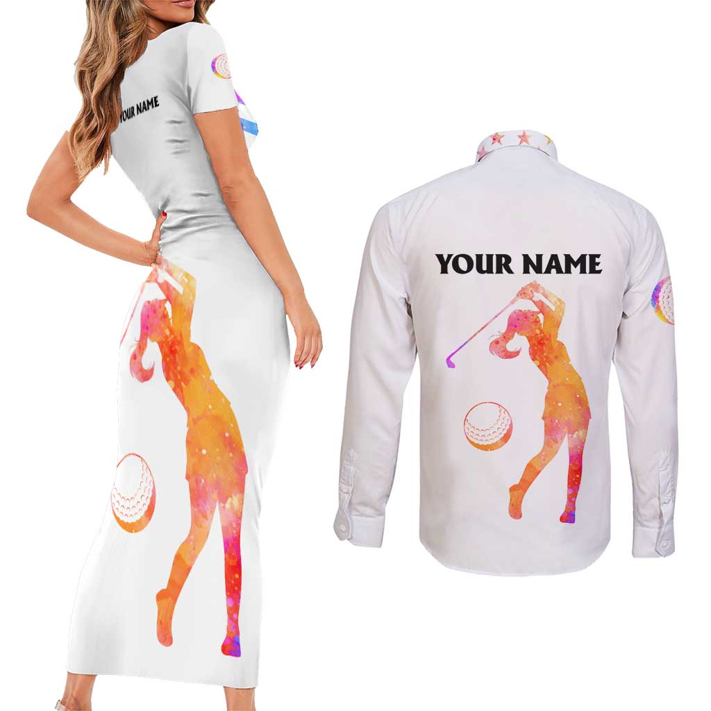 USA Golf Design Couples Matching Short Sleeve Bodycon Dress and Long Sleeve Button Shirt Watercolor Female Silhouette and Orange Gradient Flag and Ball Pattern - Wonder Print Shop