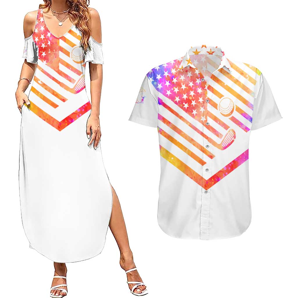USA Golf Design Couples Matching Summer Maxi Dress and Hawaiian Shirt Watercolor Female Silhouette and Orange Gradient Flag and Ball Pattern - Wonder Print Shop