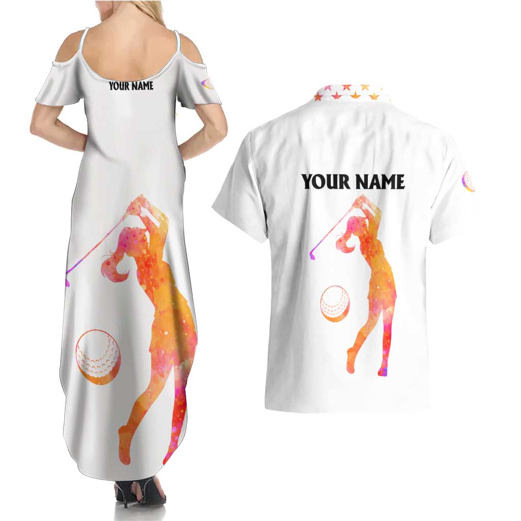 USA Golf Design Couples Matching Summer Maxi Dress and Hawaiian Shirt Watercolor Female Silhouette and Orange Gradient Flag and Ball Pattern - Wonder Print Shop
