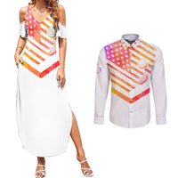 USA Golf Design Couples Matching Summer Maxi Dress and Long Sleeve Button Shirt Watercolor Female Silhouette and Orange Gradient Flag and Ball Pattern - Wonder Print Shop
