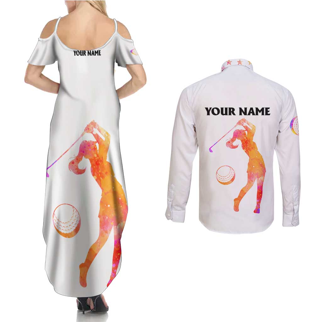 USA Golf Design Couples Matching Summer Maxi Dress and Long Sleeve Button Shirt Watercolor Female Silhouette and Orange Gradient Flag and Ball Pattern - Wonder Print Shop