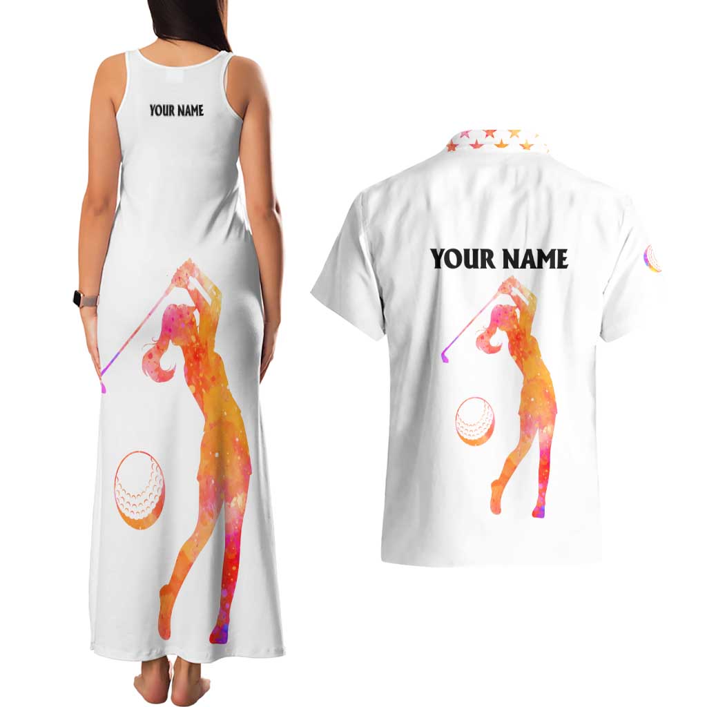 USA Golf Design Couples Matching Tank Maxi Dress and Hawaiian Shirt Watercolor Female Silhouette and Orange Gradient Flag and Ball Pattern - Wonder Print Shop
