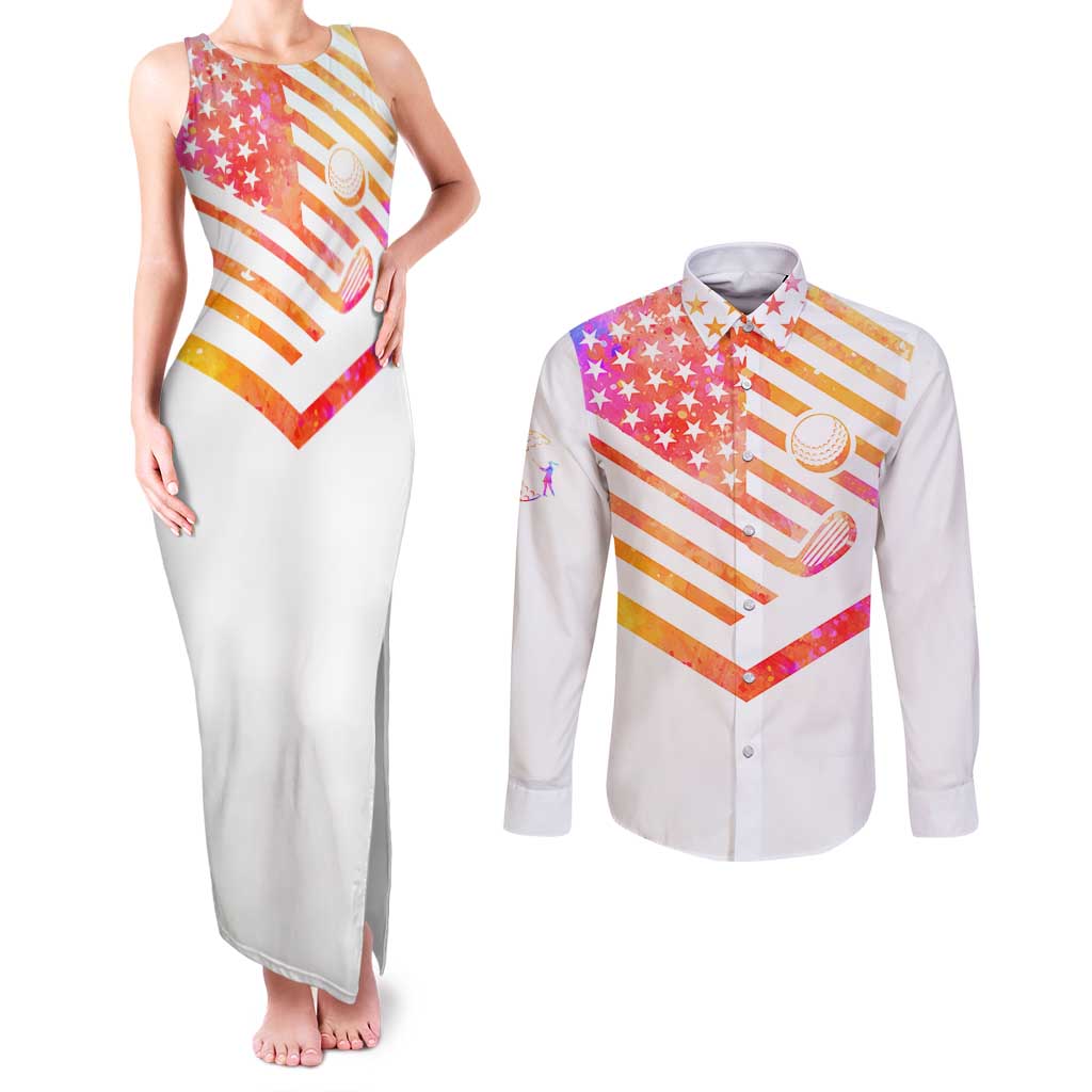 USA Golf Design Couples Matching Tank Maxi Dress and Long Sleeve Button Shirt Watercolor Female Silhouette and Orange Gradient Flag and Ball Pattern - Wonder Print Shop