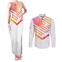 USA Golf Design Couples Matching Tank Maxi Dress and Long Sleeve Button Shirt Watercolor Female Silhouette and Orange Gradient Flag and Ball Pattern - Wonder Print Shop