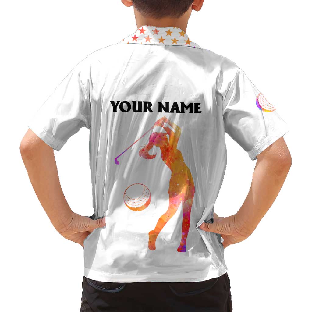 USA Golf Design Family Matching Long Sleeve Bodycon Dress and Hawaiian Shirt Watercolor Female Silhouette and Orange Gradient Flag and Ball Pattern - Wonder Print Shop