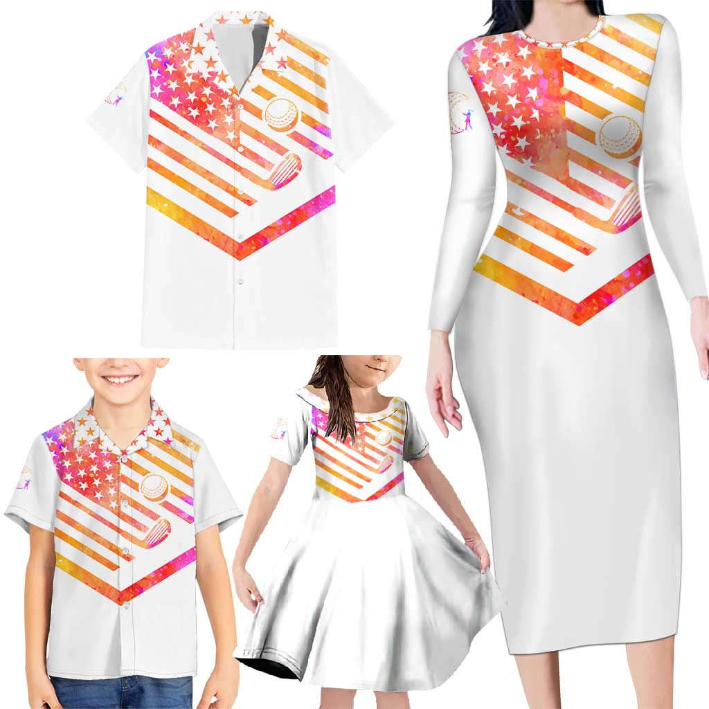 USA Golf Design Family Matching Long Sleeve Bodycon Dress and Hawaiian Shirt Watercolor Female Silhouette and Orange Gradient Flag and Ball Pattern - Wonder Print Shop