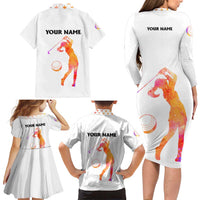 USA Golf Design Family Matching Long Sleeve Bodycon Dress and Hawaiian Shirt Watercolor Female Silhouette and Orange Gradient Flag and Ball Pattern - Wonder Print Shop