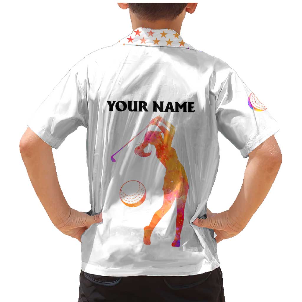 USA Golf Design Family Matching Mermaid Dress and Hawaiian Shirt Watercolor Female Silhouette and Orange Gradient Flag and Ball Pattern - Wonder Print Shop