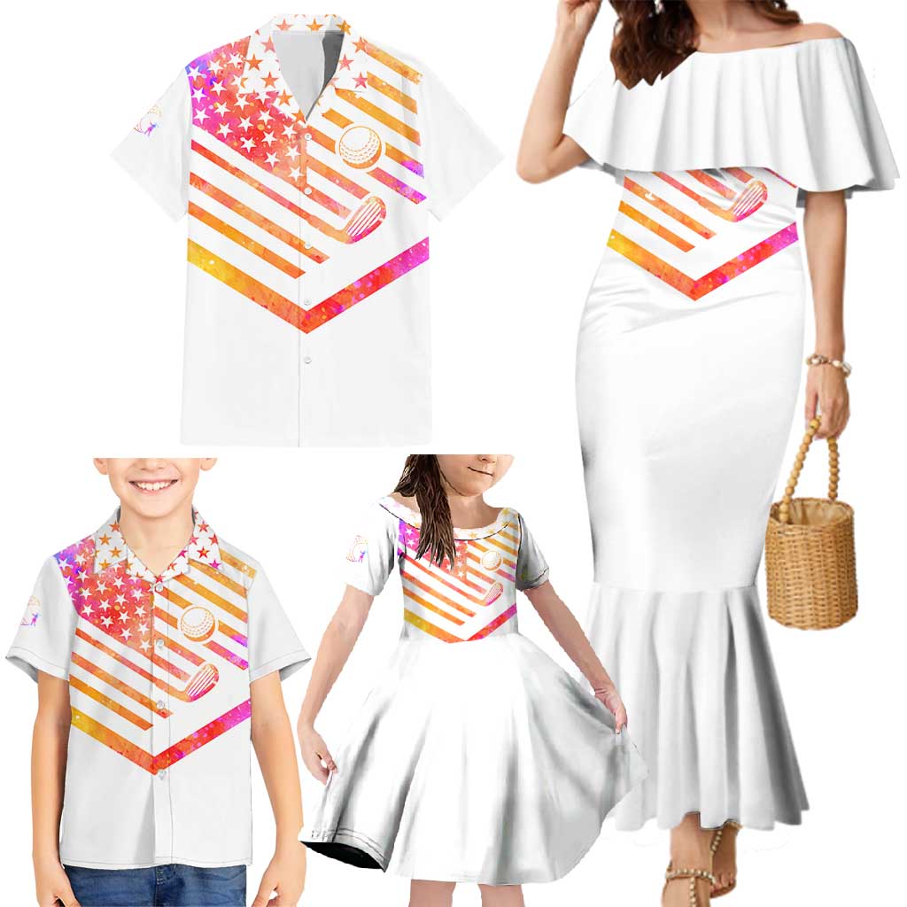 USA Golf Design Family Matching Mermaid Dress and Hawaiian Shirt Watercolor Female Silhouette and Orange Gradient Flag and Ball Pattern - Wonder Print Shop