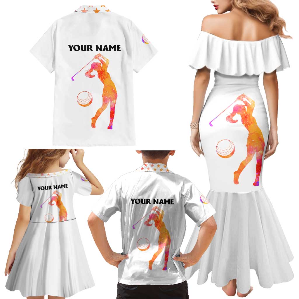 USA Golf Design Family Matching Mermaid Dress and Hawaiian Shirt Watercolor Female Silhouette and Orange Gradient Flag and Ball Pattern - Wonder Print Shop