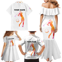 USA Golf Design Family Matching Mermaid Dress and Hawaiian Shirt Watercolor Female Silhouette and Orange Gradient Flag and Ball Pattern - Wonder Print Shop