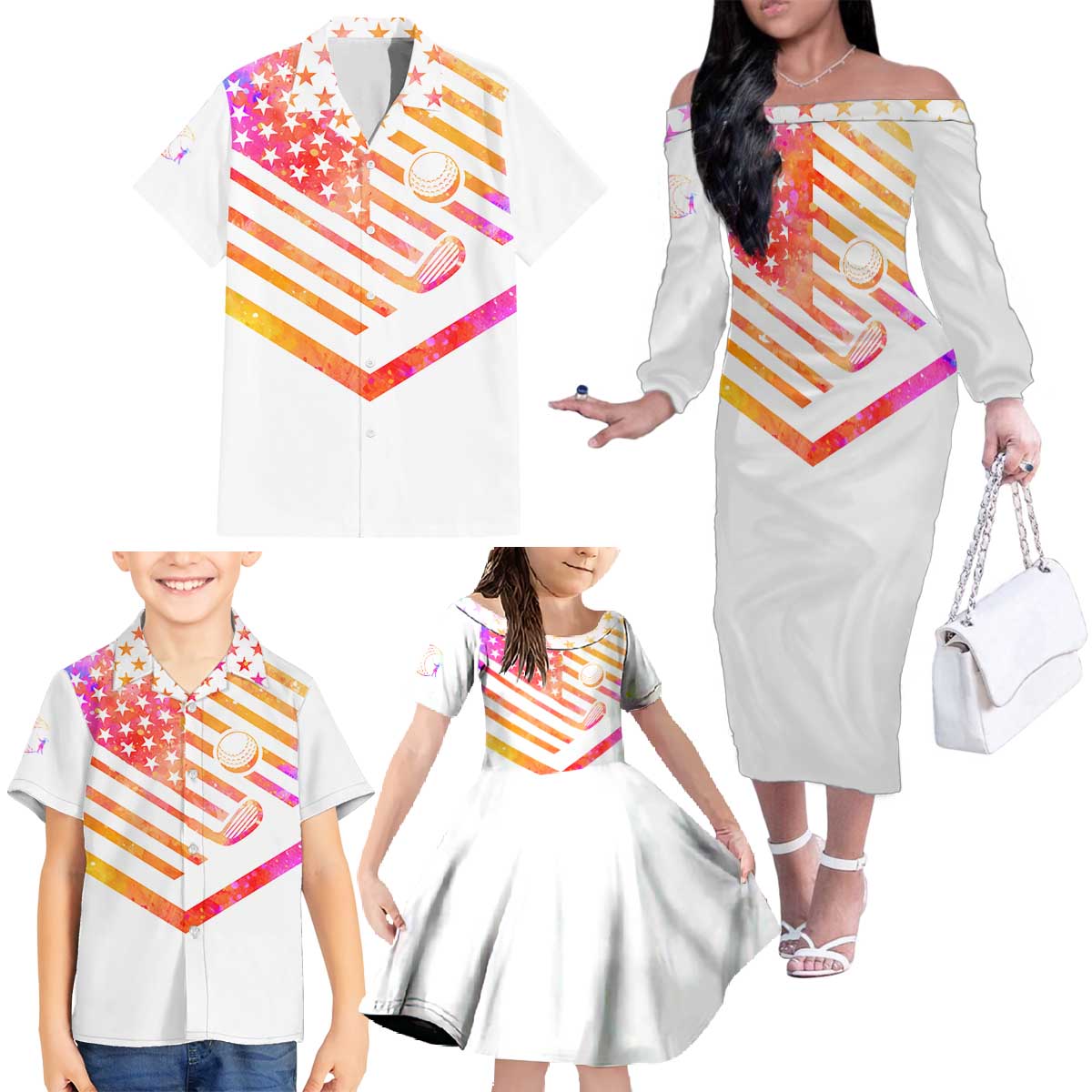 USA Golf Design Family Matching Off The Shoulder Long Sleeve Dress and Hawaiian Shirt Watercolor Female Silhouette and Orange Gradient Flag and Ball Pattern - Wonder Print Shop