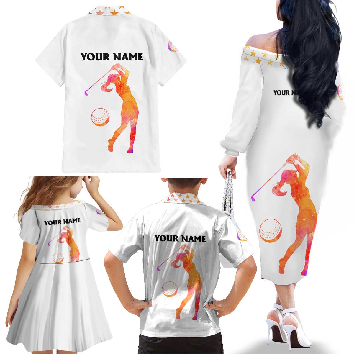 USA Golf Design Family Matching Off The Shoulder Long Sleeve Dress and Hawaiian Shirt Watercolor Female Silhouette and Orange Gradient Flag and Ball Pattern - Wonder Print Shop