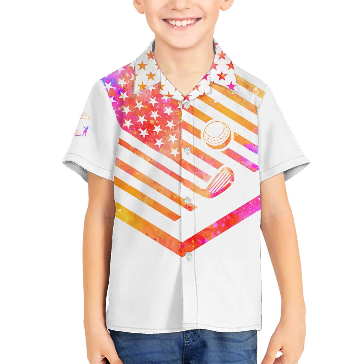 USA Golf Design Family Matching Off The Shoulder Long Sleeve Dress and Hawaiian Shirt Watercolor Female Silhouette and Orange Gradient Flag and Ball Pattern - Wonder Print Shop