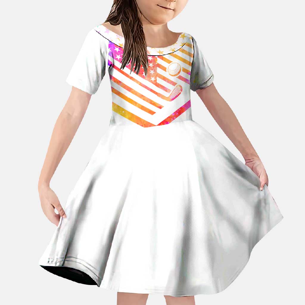 USA Golf Design Family Matching Off Shoulder Maxi Dress and Hawaiian Shirt Watercolor Female Silhouette and Orange Gradient Flag and Ball Pattern - Wonder Print Shop