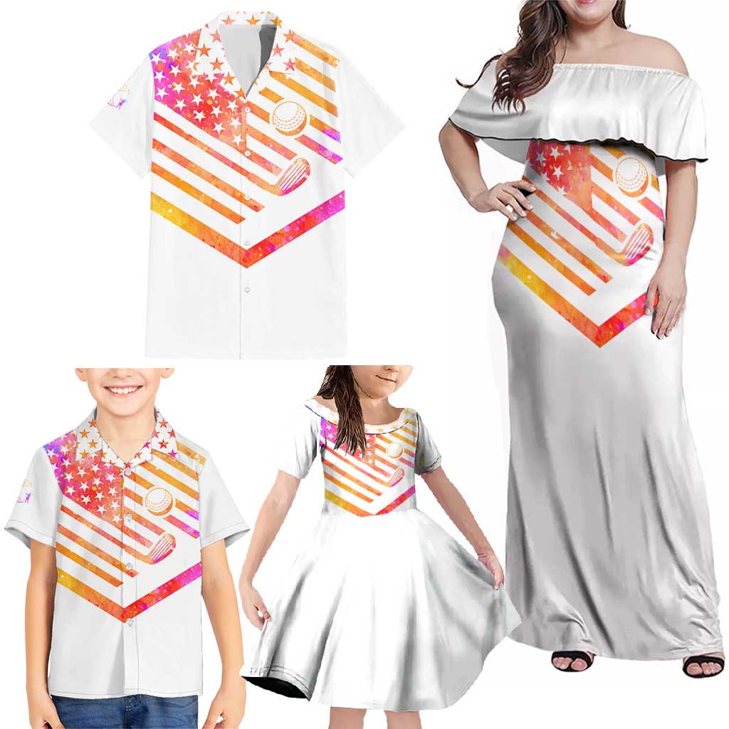 USA Golf Design Family Matching Off Shoulder Maxi Dress and Hawaiian Shirt Watercolor Female Silhouette and Orange Gradient Flag and Ball Pattern - Wonder Print Shop