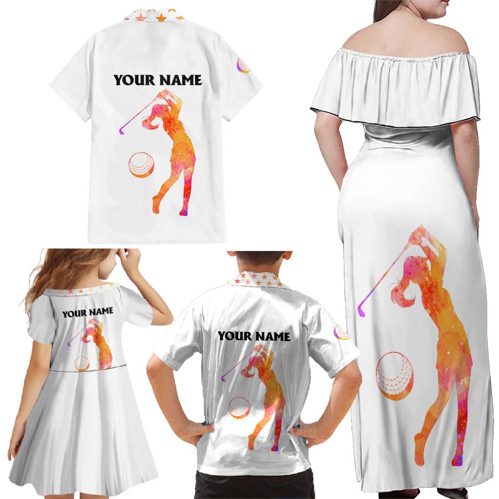 USA Golf Design Family Matching Off Shoulder Maxi Dress and Hawaiian Shirt Watercolor Female Silhouette and Orange Gradient Flag and Ball Pattern - Wonder Print Shop