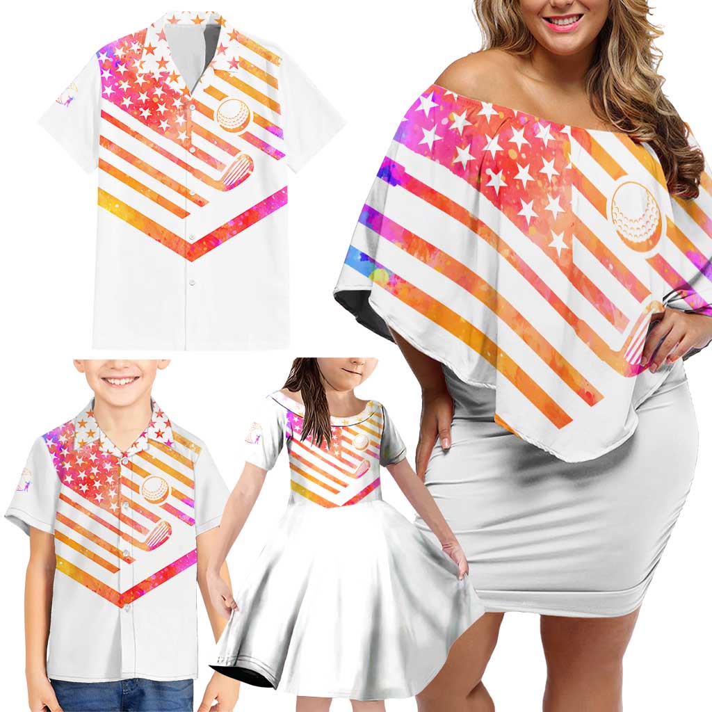 USA Golf Design Family Matching Off Shoulder Short Dress and Hawaiian Shirt Watercolor Female Silhouette and Orange Gradient Flag and Ball Pattern - Wonder Print Shop