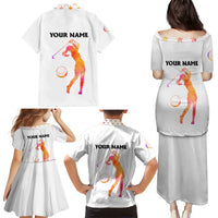 USA Golf Design Family Matching Puletasi and Hawaiian Shirt Watercolor Female Silhouette and Orange Gradient Flag and Ball Pattern - Wonder Print Shop