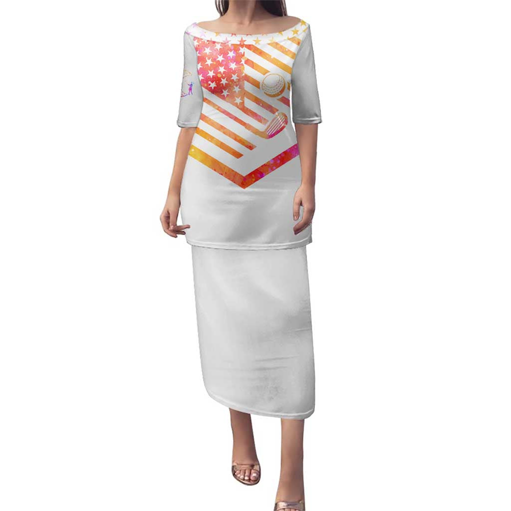 USA Golf Design Family Matching Puletasi and Hawaiian Shirt Watercolor Female Silhouette and Orange Gradient Flag and Ball Pattern - Wonder Print Shop