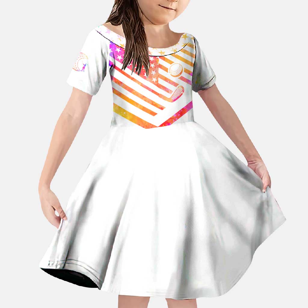 USA Golf Design Family Matching Short Sleeve Bodycon Dress and Hawaiian Shirt Watercolor Female Silhouette and Orange Gradient Flag and Ball Pattern - Wonder Print Shop