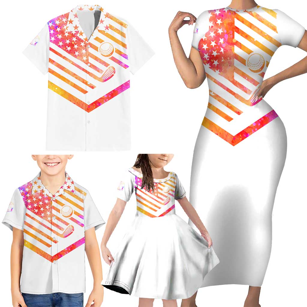 USA Golf Design Family Matching Short Sleeve Bodycon Dress and Hawaiian Shirt Watercolor Female Silhouette and Orange Gradient Flag and Ball Pattern - Wonder Print Shop