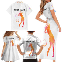 USA Golf Design Family Matching Short Sleeve Bodycon Dress and Hawaiian Shirt Watercolor Female Silhouette and Orange Gradient Flag and Ball Pattern - Wonder Print Shop