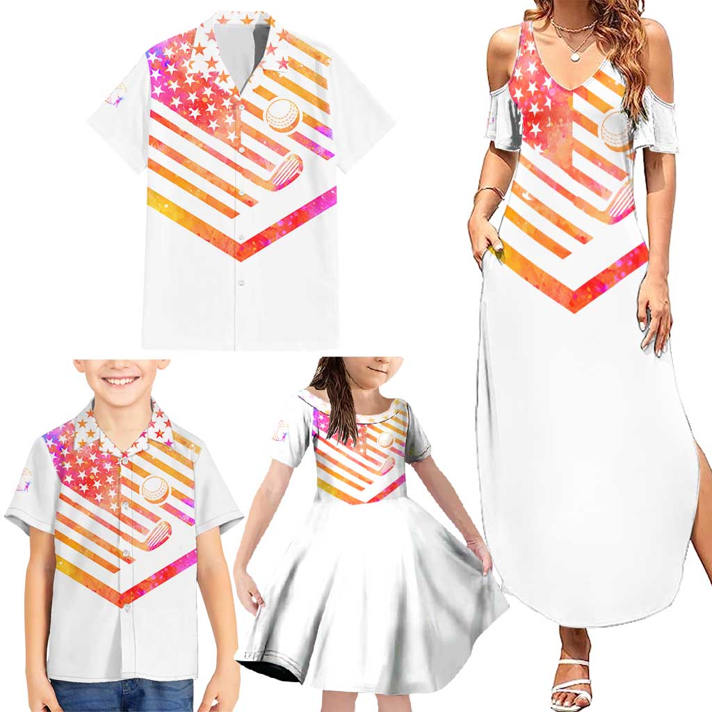 USA Golf Design Family Matching Summer Maxi Dress and Hawaiian Shirt Watercolor Female Silhouette and Orange Gradient Flag and Ball Pattern - Wonder Print Shop