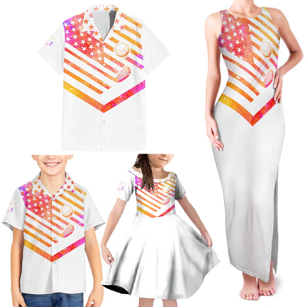 USA Golf Design Family Matching Tank Maxi Dress and Hawaiian Shirt Watercolor Female Silhouette and Orange Gradient Flag and Ball Pattern - Wonder Print Shop