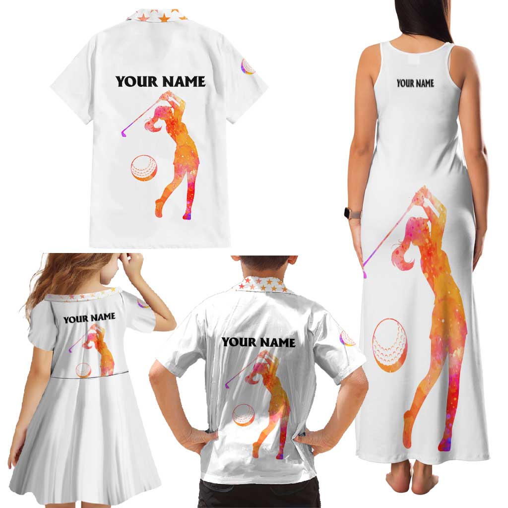 USA Golf Design Family Matching Tank Maxi Dress and Hawaiian Shirt Watercolor Female Silhouette and Orange Gradient Flag and Ball Pattern - Wonder Print Shop